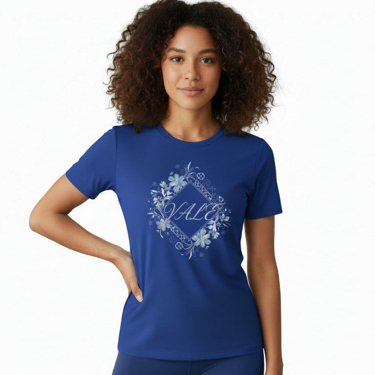 Women wearing a breathable cotton "VALE" floral graphic t-shirt in blue, grey, and red colors.
