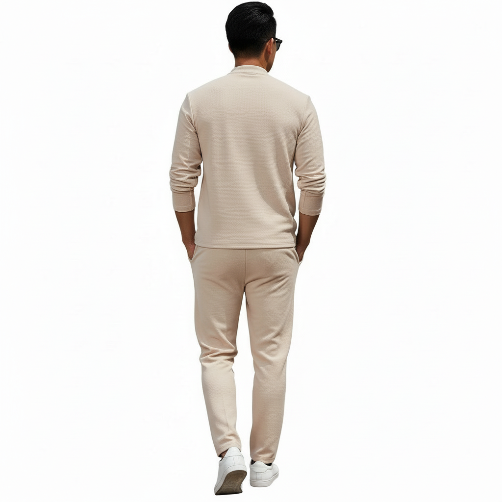 A professional male model wearing a VALE minimalist cotton tracksuit featuring a quarter-zip sweatshirt and matching joggers, isolated on a white background.