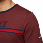 Close-up of a man wearing a VALE branded 100% cotton breathable slim-fit t-shirt with a horizontal chest stripe, available in grey, white, and maroon.