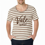 Men's striped breathable cotton t-shirt featuring "Vale" graphic logo and laurel design, available in navy, brown, and red stripes.