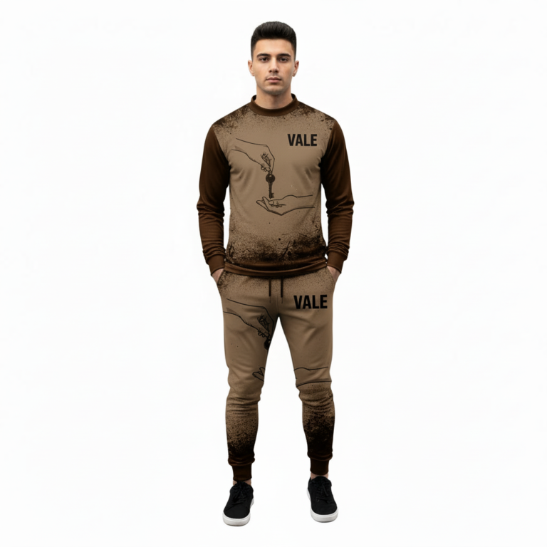 Full-body studio mockup of a man wearing a VALE brand breathable cotton tracksuit featuring a hand-passing-a-key graphic and ink-splatter design, available in grey, brown, and white-black contrast.