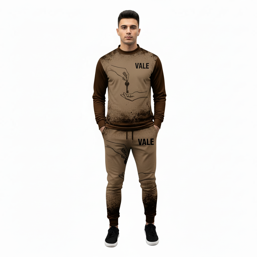 Full-body studio mockup of a man wearing a VALE brand breathable cotton tracksuit featuring a hand-passing-a-key graphic and ink-splatter design, available in grey, brown, and white-black contrast.