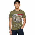 Front view of a man wearing a VALE brand steampunk graphic t-shirt featuring internal watch gears and cogs design, 100% cotton breathable fabric, available in Olive, Grey, and White.