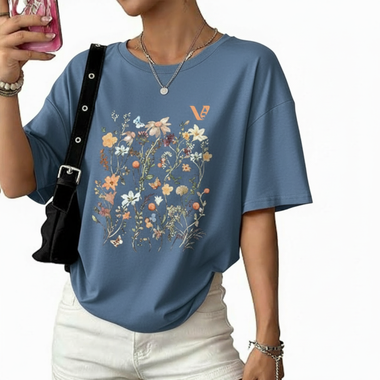 Front view of a woman wearing an oversized breathable cotton t-shirt with a vintage wildflower graphic print, available in blue, green, and orange.
