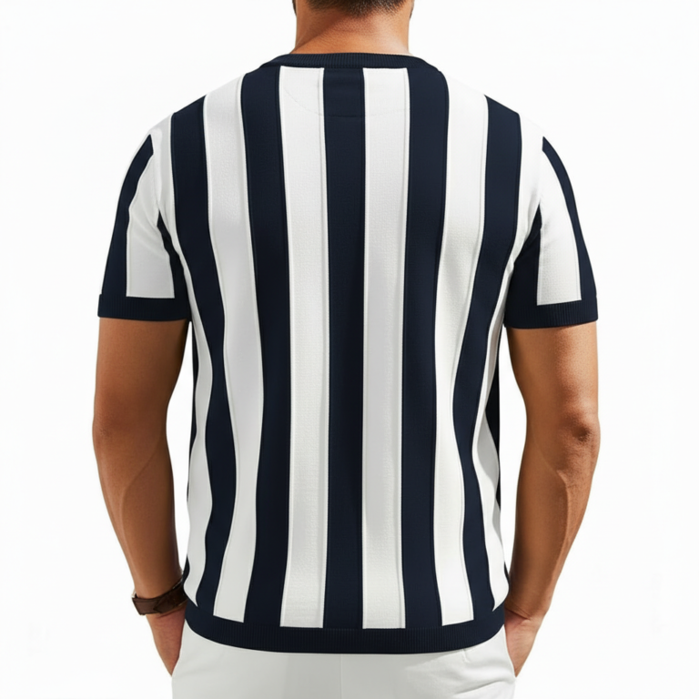 Men's vertical striped knit cotton t-shirt in breathable slim fit design.
