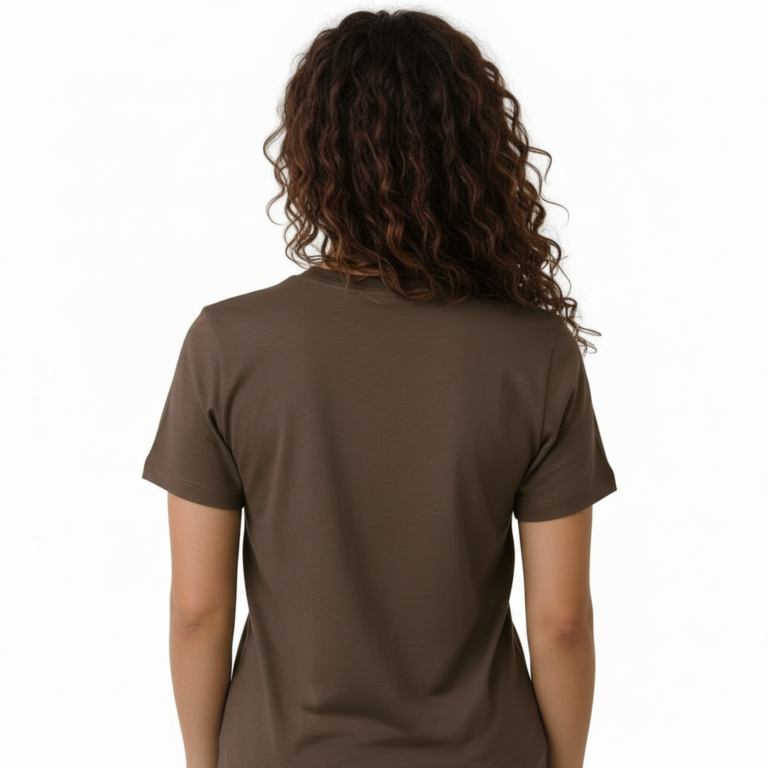 Woman wearing a breathable cotton t-shirt with "Vale" gold script calligraphy design, available in brown, olive green, and maroon.