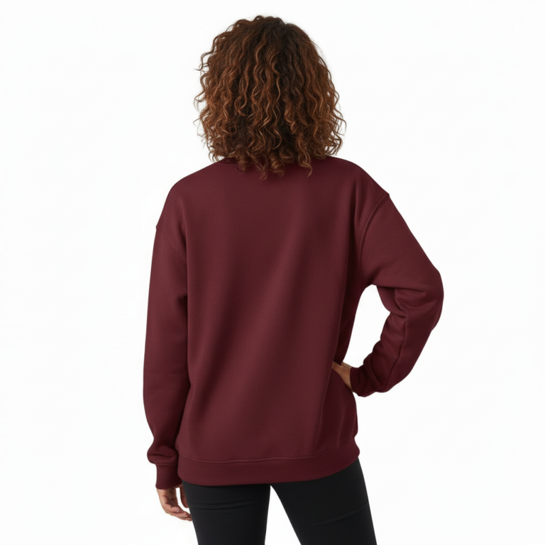 "Professional studio shot of a woman wearing a VALE brand cotton sweatshirt featuring a detailed fox and moon graphic design, available in Maroon, Forest Green, and Heather Gray."
