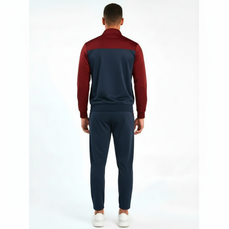 Men's breathable cotton tracksuit featuring a forest silhouette and key graphic print, available in green, orange, and maroon color blocks.