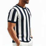 Men's vertical striped knit cotton t-shirt in breathable slim fit design.