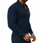 Men's 2-piece breathable cotton tracksuit featuring a quarter-zip polo shirt and matching joggers with a gold Tree of Life compass logo, available in Navy, Maroon, and Orange.