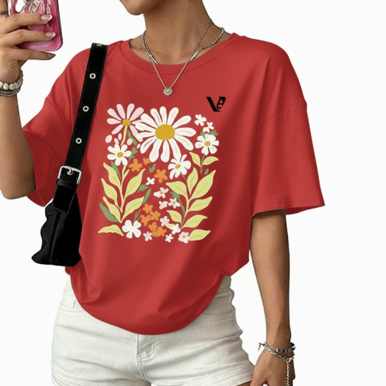 Women's oversized breathable cotton t-shirt featuring a vintage daisy floral print in sage green, brown, and red colors.
