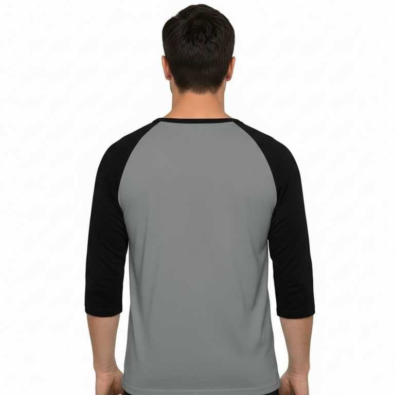 Men's VALE patchwork raglan shirt in white, grey, and cream with black and brown 3/4 sleeves, featuring decorative textured lettering.