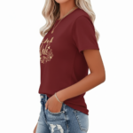Women wearing Vale branded cotton graphic t-shirt with butterfly and floral swirl design, available in Maroon, Grey, and Cream colors.