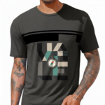 Man wearing a slim-fit breathable cotton t-shirt featuring a geometric "LOVE" compass graphic design on the chest with a horizontal stripe and pocket.