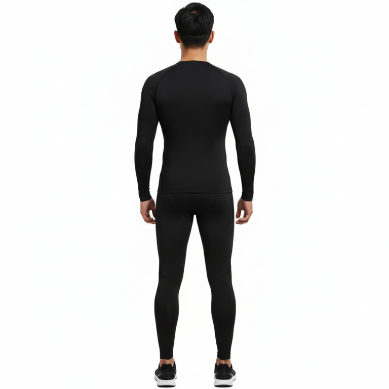 Front view of a man wearing a VALE brand 2-piece compression suit with a gold supercar graphic on the long-sleeve shirt and leggings, available in olive green, navy blue, and maroon.