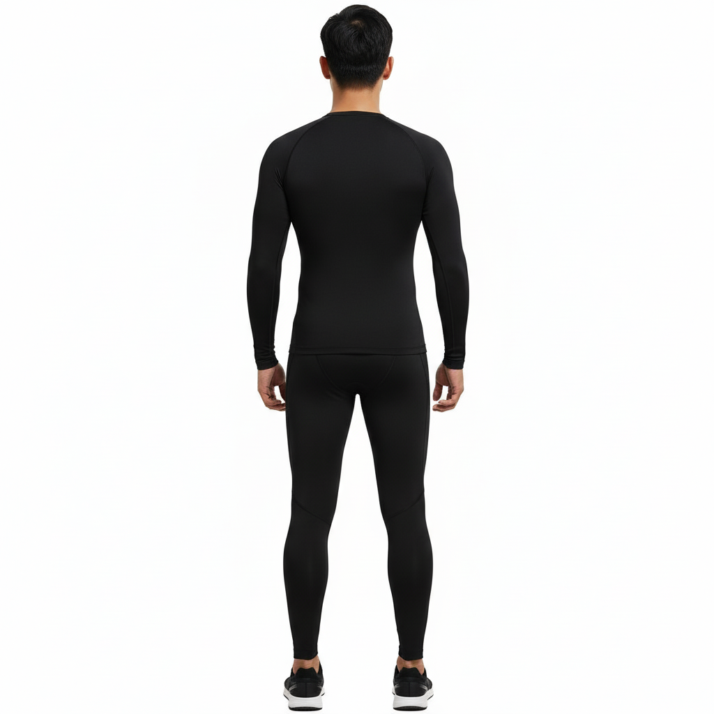 Front view of a man wearing a VALE brand 2-piece compression suit with a gold supercar graphic on the long-sleeve shirt and leggings, available in olive green, navy blue, and maroon.