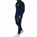 Men's 2-piece breathable cotton tracksuit featuring a quarter-zip polo shirt and matching joggers with a gold Tree of Life compass logo, available in Navy, Maroon, and Orange.