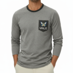 Men's VALE long-sleeve breathable cotton ringer shirt with butterfly embroidered pocket, athletic fit, available in orange, grey, and blue.