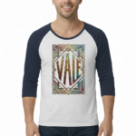 Man wearing a VALE Art Deco graphic raglan shirt made of breathable cotton with 3/4 sleeves.