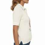 Women's VALE botanical graphic knit polo shirt in breathable pique cotton, featuring diamond texture and vintage floral compass design.