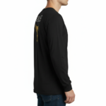 Back view of a man wearing a VALE brand long-sleeve breathable cotton shirt featuring a gold-textured hand holding keys graphic, available in Maroon, Black, and Navy Blue.