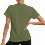 Women wearing Vale signature script t-shirt in breathable cotton, available in olive, blue, and purple colors.