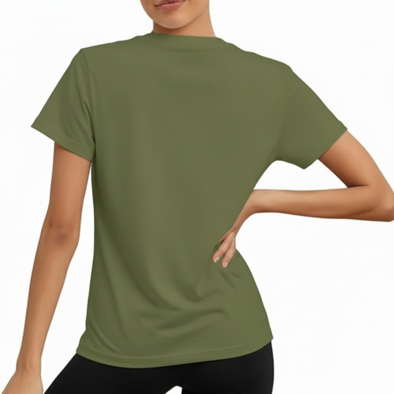Women wearing Vale signature script t-shirt in breathable cotton, available in olive, blue, and purple colors.