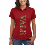 Front view of a woman wearing a slim-fit pique cotton polo shirt featuring a vertical "VALE" floral graphic design, available in red, yellow, and black.