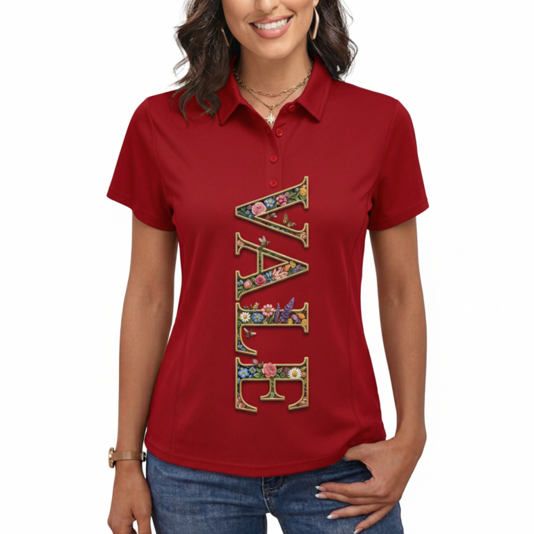 Front view of a woman wearing a slim-fit pique cotton polo shirt featuring a vertical "VALE" floral graphic design, available in red, yellow, and black.