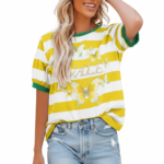 Women's striped cotton t-shirt with yellow butterfly graphic and green ringer neck, breathable summer casual wear.