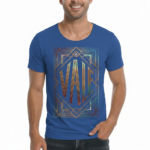 Man wearing VALE brand Art Deco graphic t-shirt in breathable cotton, available in white, olive green, and royal blue, athletic slim fit style.
