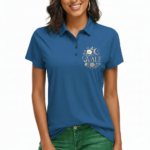 Close-up of a woman wearing a breathable pique cotton polo shirt featuring a "VALE" floral and crescent moon embroidery on the chest, available in green, blue, and orange.