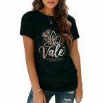Women's breathable cotton T-shirt featuring "Vale" floral graphic design in Black, Maroon, and Beige colors.