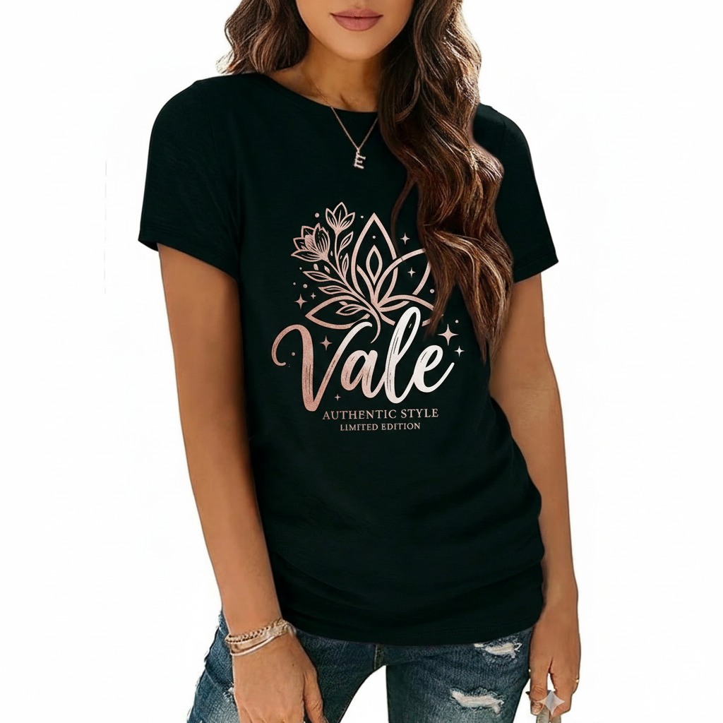 Women's breathable cotton T-shirt featuring "Vale" floral graphic design in Black, Maroon, and Beige colors.