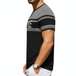 Men's athletic slim fit breathable cotton t-shirt with VALE typography and horizontal color-block stripes
