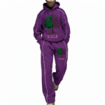 Men's 2-piece streetwear tracksuit set made of breathable cotton featuring white contrast piping, a split-tree graphic logo, and wide-leg joggers in Grey, Blue, and Purple colors.