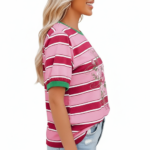 Women's breathable cotton striped t-shirt with pink rose floral graphic and green trim.