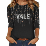 Women's breathable cotton graphic t-shirt featuring VALE floral vine print and ombre gradient design in Teal, Black, and Brown.