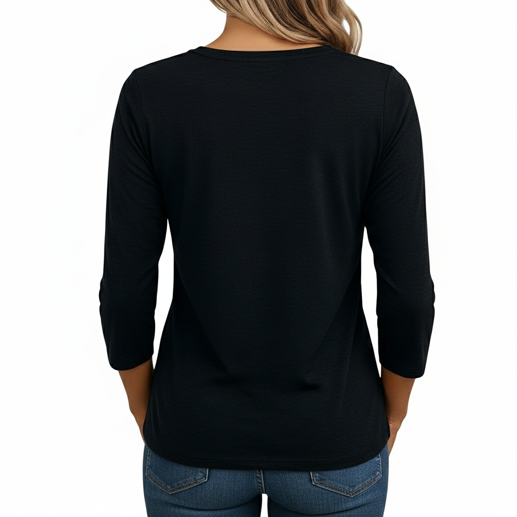 Women's breathable cotton 3/4 sleeve shirt with VALÉ print and bohemian lace mesh yoke design, available in black, maroon, and red.