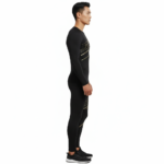 Front view of a man wearing a VALE brand 2-piece compression suit with a gold supercar graphic on the long-sleeve shirt and leggings, available in olive green, navy blue, and maroon.