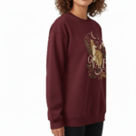 "Professional studio shot of a woman wearing a VALE brand cotton sweatshirt featuring a detailed fox and moon graphic design, available in Maroon, Forest Green, and Heather Gray."