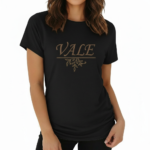 Woman wearing a VALE brand graphic t-shirt in breathable cotton, featuring a minimalist leaf design and athletic slim fit. Available in Black, Purple, and Orange.