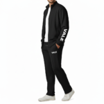 Men's two-piece breathable cotton tracksuit featuring a full-zip mock neck jacket and joggers with VALE sleeve branding, available in Black, Forest Green, and Burgundy.