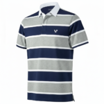 Men's breathable striped pique cotton rugby polo shirt with white contrast collar and athletic slim fit.