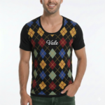 Man wearing Vale brand argyle pattern cotton t-shirt in black, blue, and green colors.