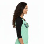 Women's VALE patchwork raglan shirt made of breathable cotton, 3/4 sleeves, featuring colorful textured letter patches on a baseball-style tee.