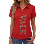 Women's quarter-zip polo shirt in breathable pique cotton featuring a vertical floral 'VALE' graphic design.