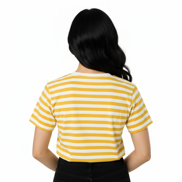 Young woman wearing a VALE brand horizontal striped breathable cotton t-shirt in blue, yellow, and green colors.