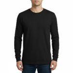 Back view of a man wearing a VALE brand long-sleeve breathable cotton shirt featuring a gold-textured hand holding keys graphic, available in Maroon, Black, and Navy Blue.