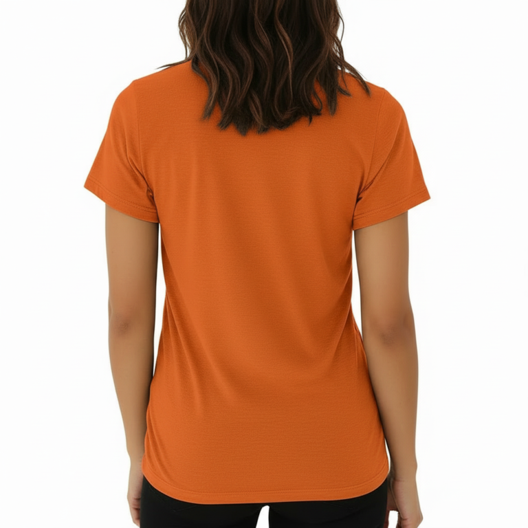 Woman wearing a VALE brand graphic t-shirt in breathable cotton, featuring a minimalist leaf design and athletic slim fit. Available in Black, Purple, and Orange.